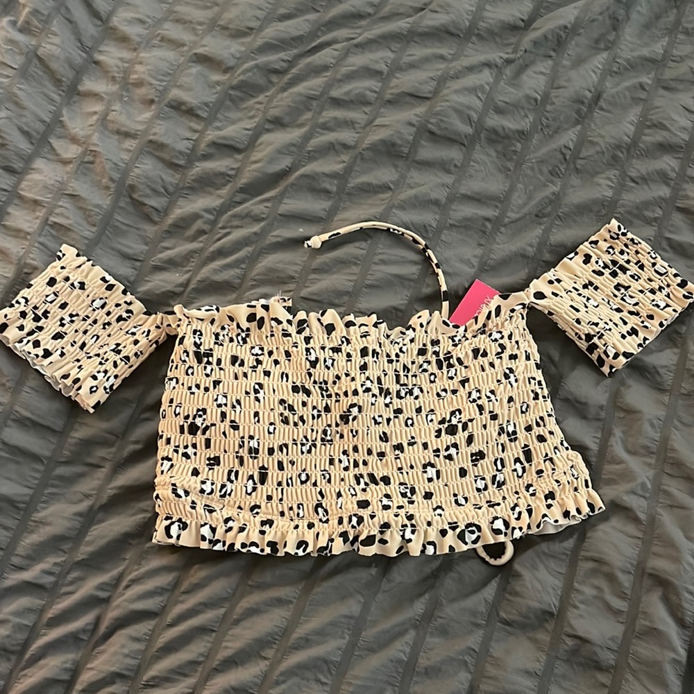 Xhilaration Smocked off the shoulder Animal print swim top